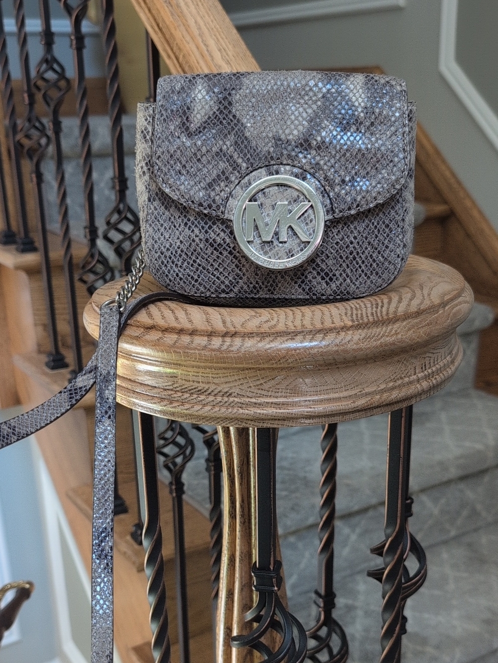 Michael Kors Silver-Gray Snake Embossed Mini Crossbody
